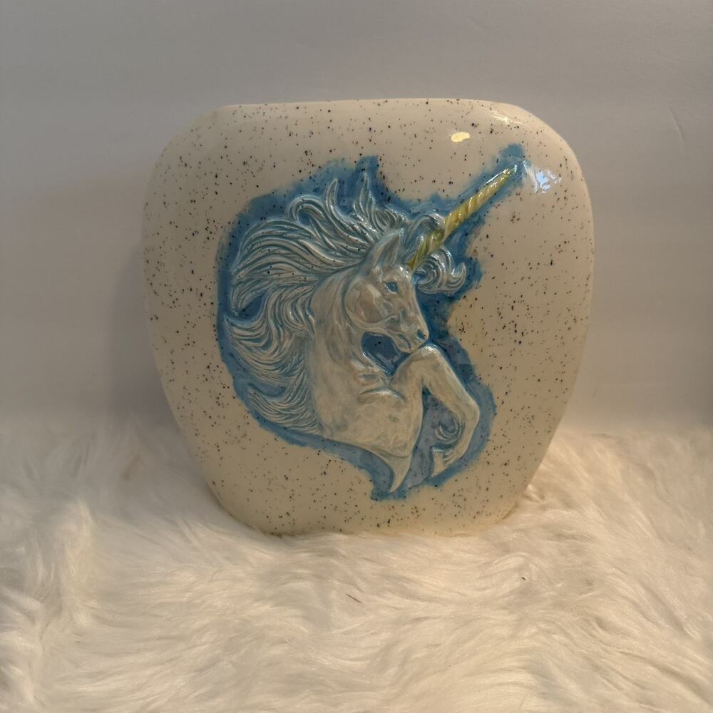 Vintage Ceramic Pegasus/Unicorn Vase Light Blue Speckles 8" x 8"